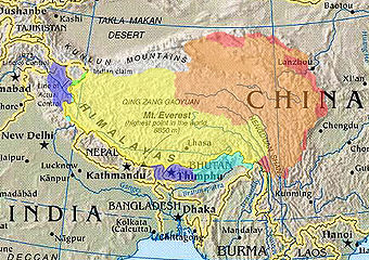 Cultural/historical Tibet (highlighted) depicted with various competing territorial claims.